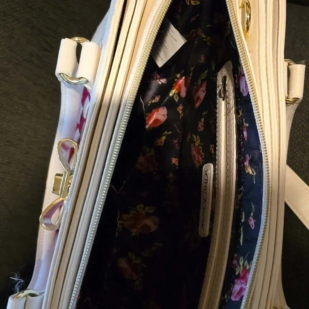 Betsey Johnson White Satchel with Pink Woven Panel & Bow